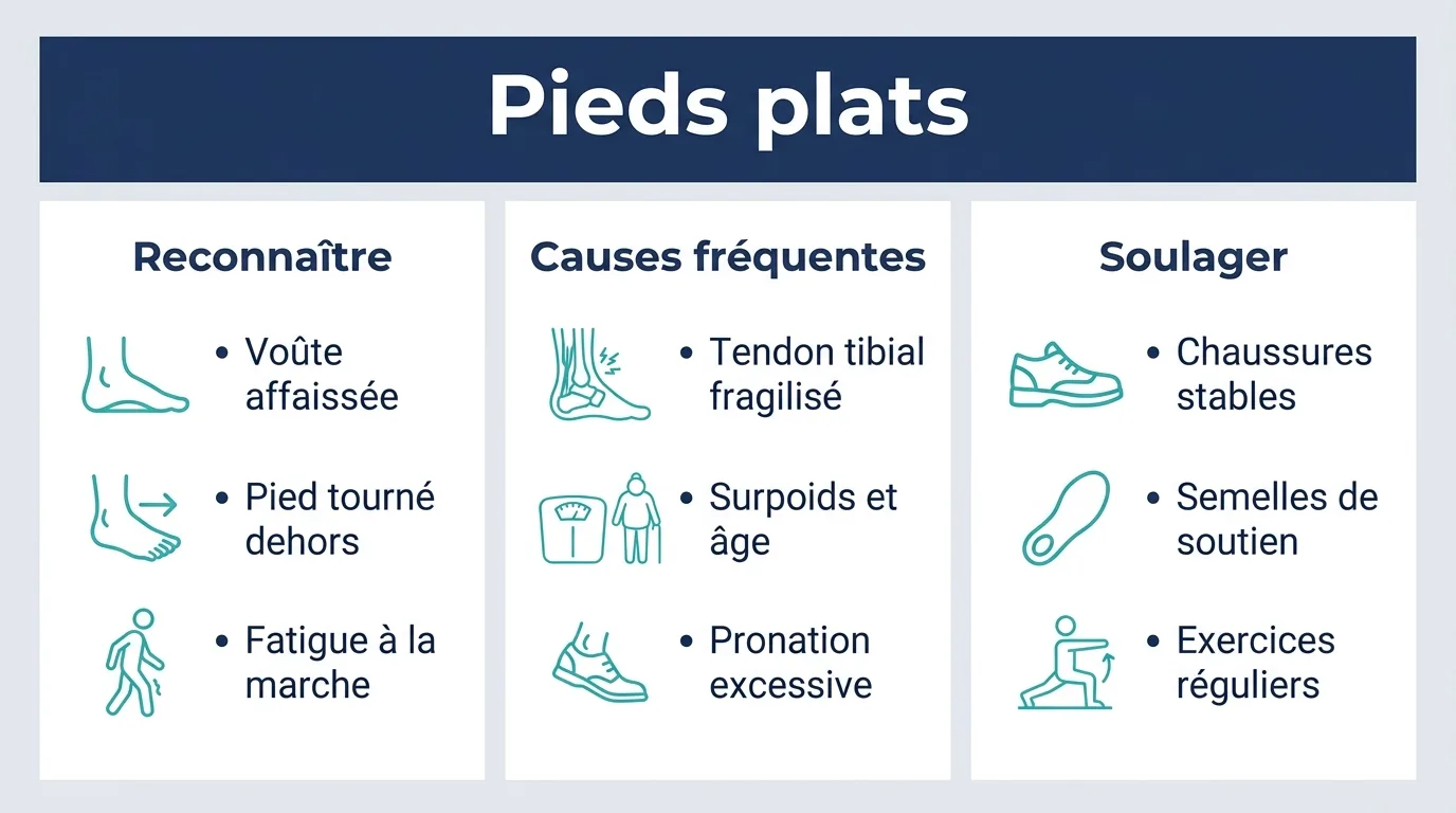 Infographie en français présentant comment reconnaître un pied plat, ses causes fréquentes et les gestes pour le soulager.