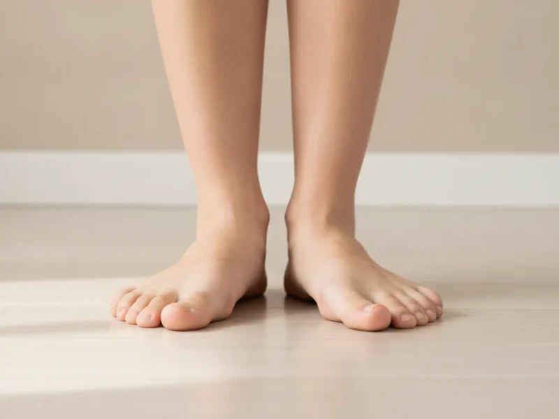 Gros plan de pieds nus adultes debout sur un sol clair montrant une voûte plantaire affaissée.