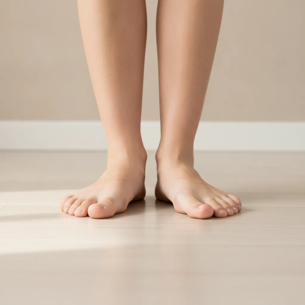 Gros plan de pieds nus adultes debout sur un sol clair montrant une voûte plantaire affaissée.