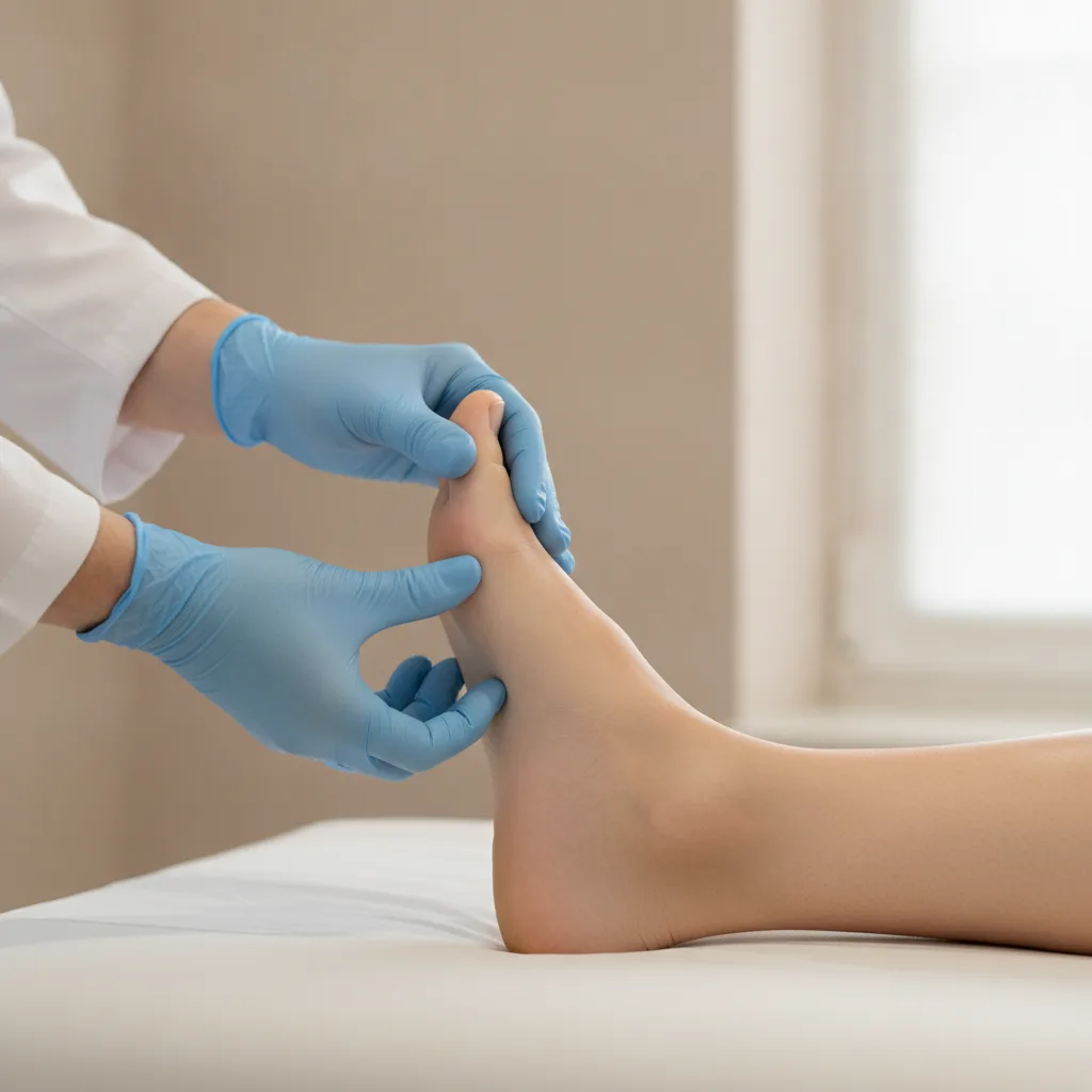 Un podologue examine l'arrière-pied et la cheville d'un patient pour évaluer l'inclinaison du talon.