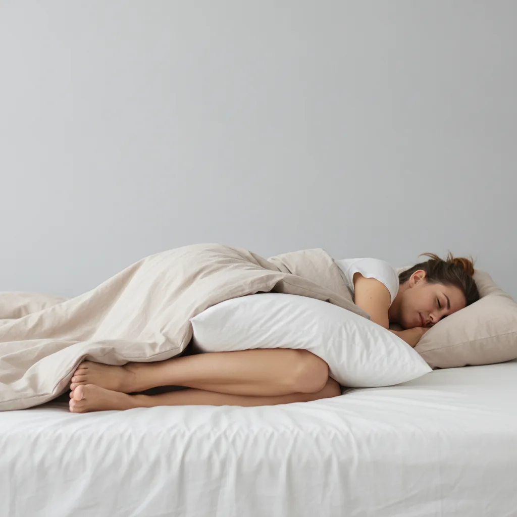 Personne dormant sur le côté avec un coussin calé entre les genoux pour aligner le bassin et la colonne.