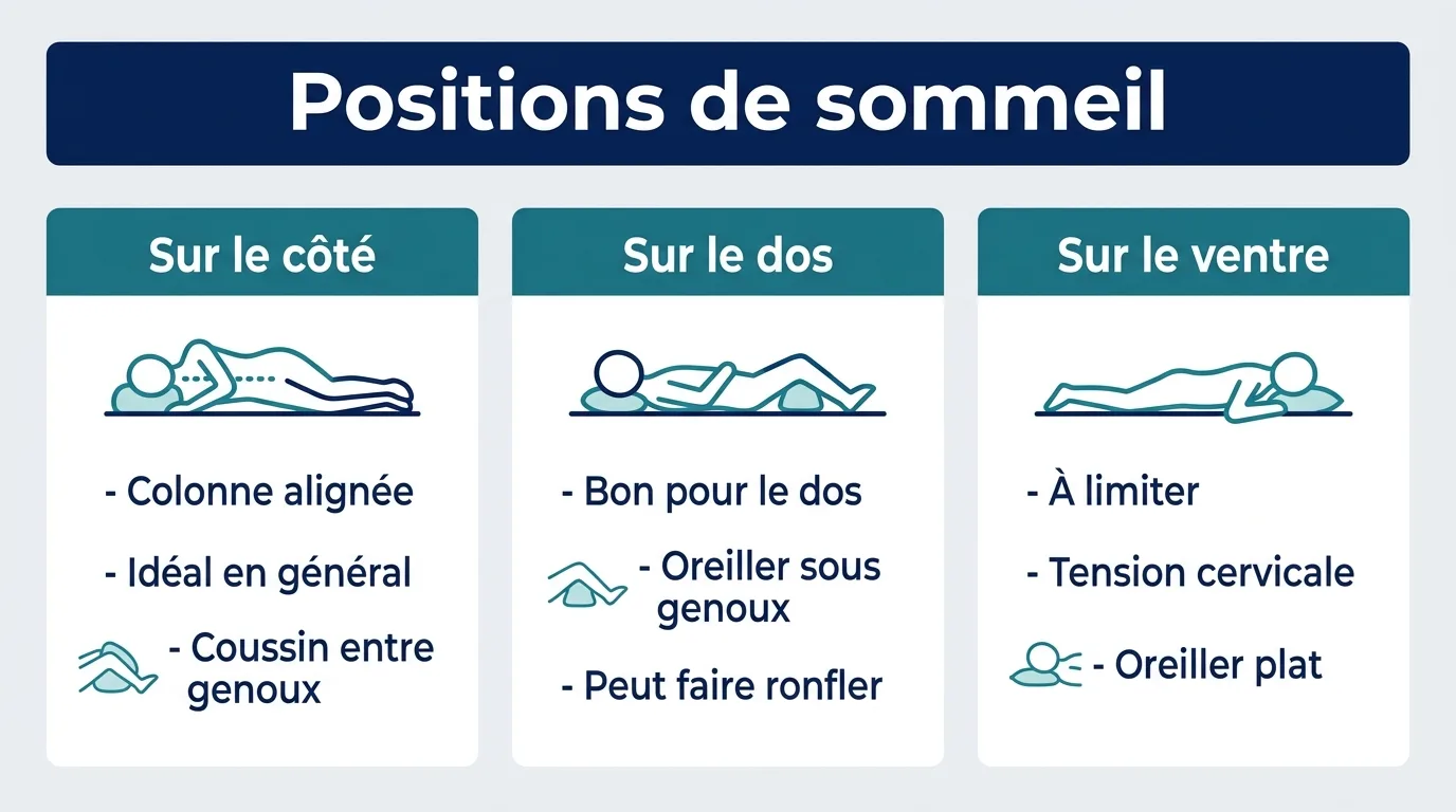 Infographie comparant les positions de sommeil sur le côté, sur le dos et sur le ventre.