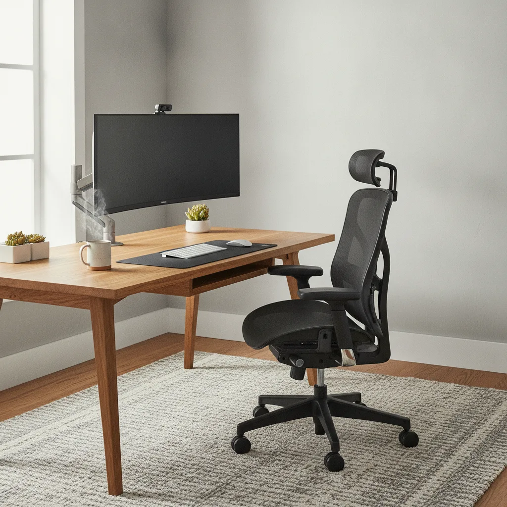 Poste de travail ergonomique avec écran placé à hauteur des yeux et chaise soutenant le dos.