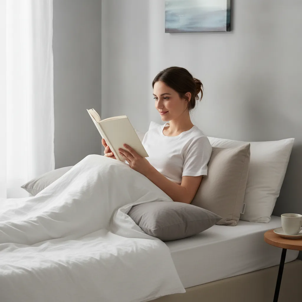 Personne assise droite dans son lit, bas du dos calé par un coussin et genoux légèrement fléchis pour lire sans douleur.