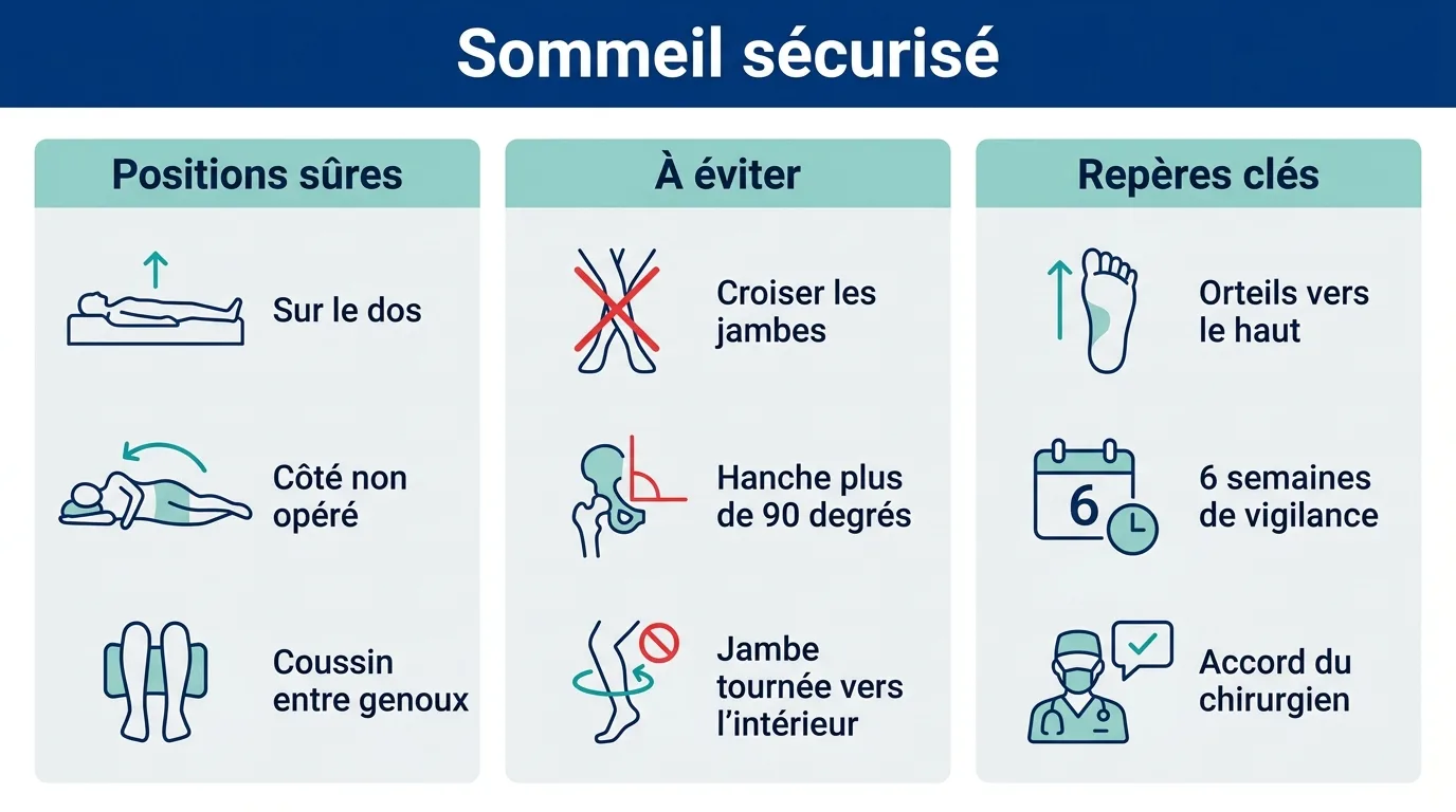 Infographie des positions de sommeil sûres et des mouvements à éviter après une prothèse de hanche