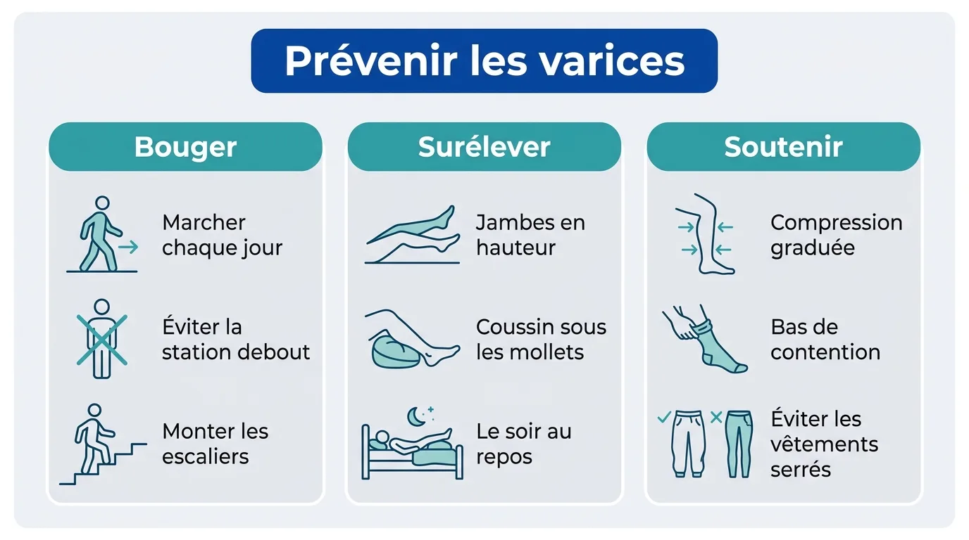 Infographie des trois réflexes pour prévenir les varices : bouger, surélever et soutenir la circulation