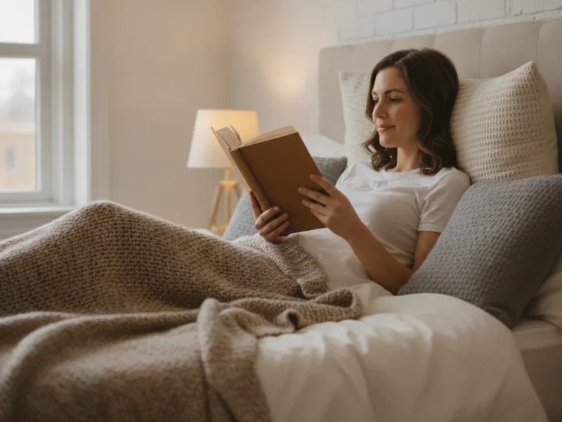 Femme adossée à des coussins lisant confortablement dans son lit, le dos bien soutenu.