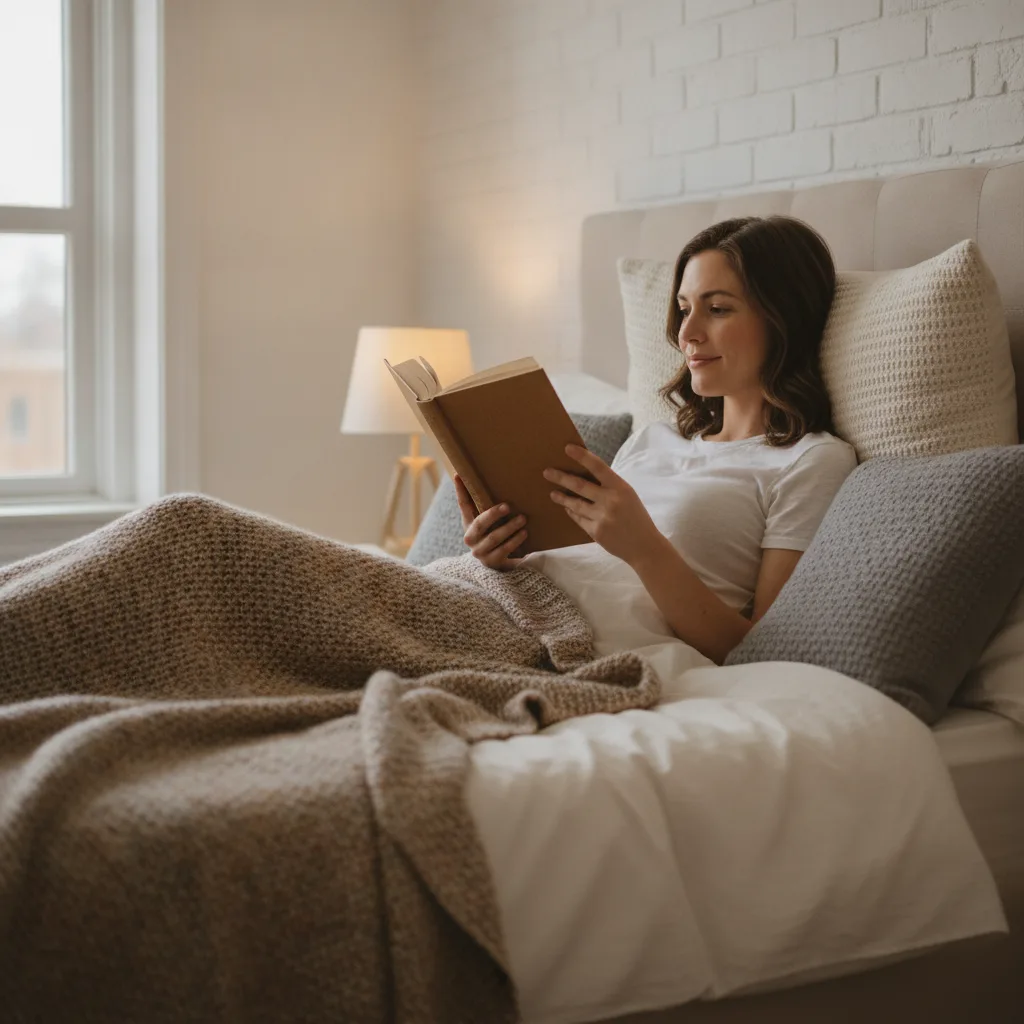 Femme adossée à des coussins lisant confortablement dans son lit, le dos bien soutenu.