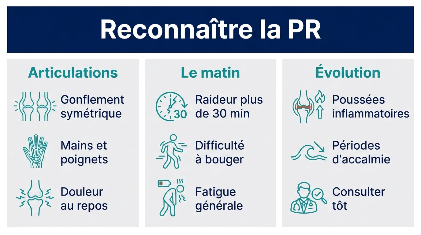 Infographie présentant les signes d'alerte de la polyarthrite rhumatoïde en trois volets