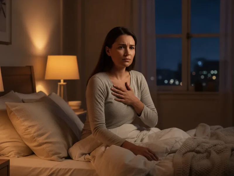 Femme assise dans son lit la nuit, une main sur la poitrine, gênée par une brûlure d'estomac.
