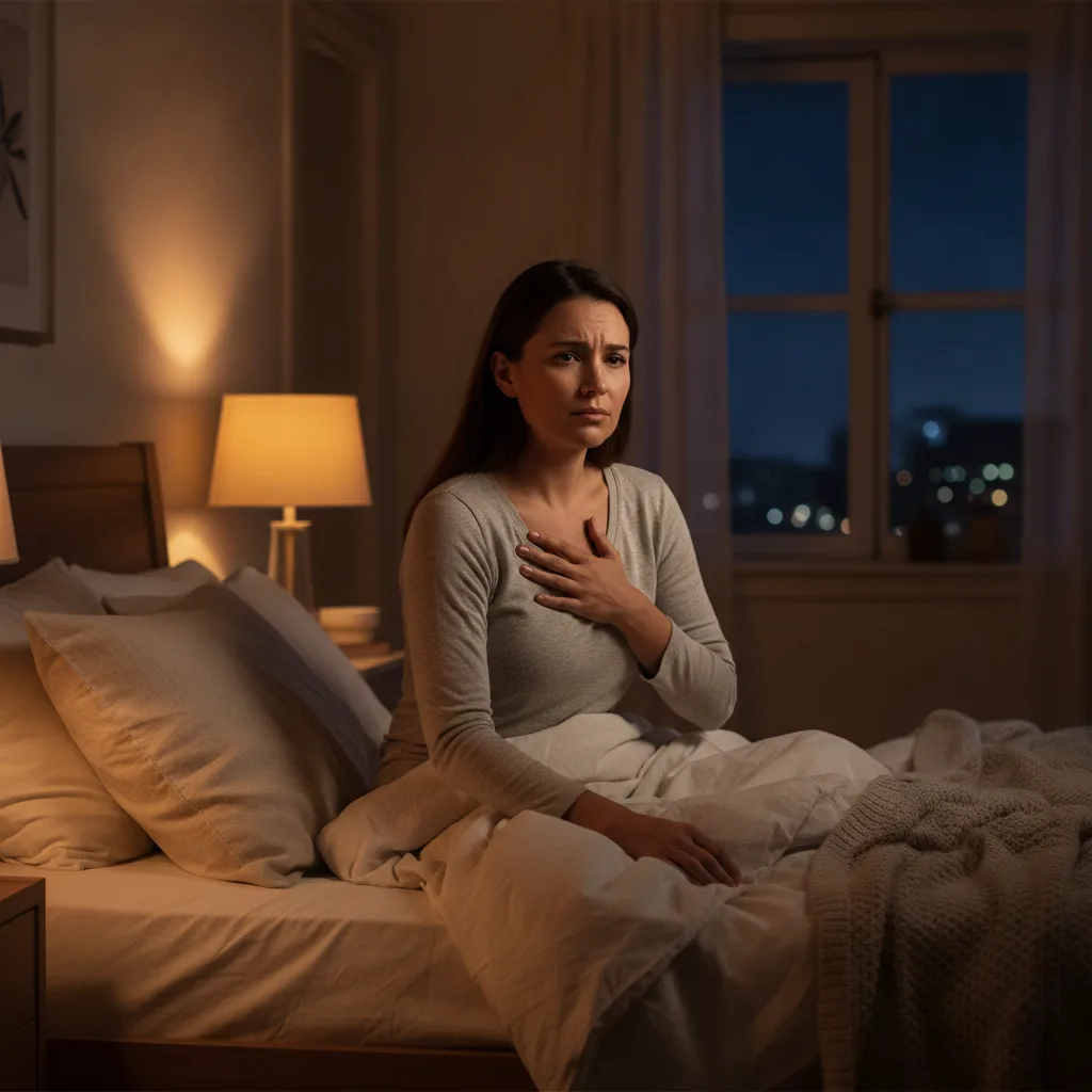 Femme assise dans son lit la nuit, une main sur la poitrine, gênée par une brûlure d'estomac.