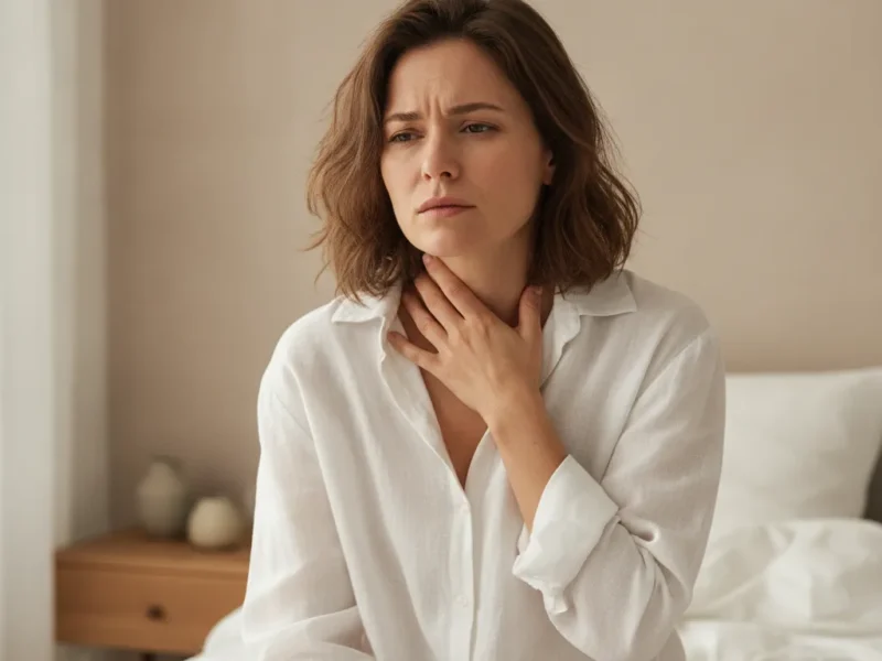 Femme assise au bord du lit le matin, la main posée sur la gorge, l'air gênée.