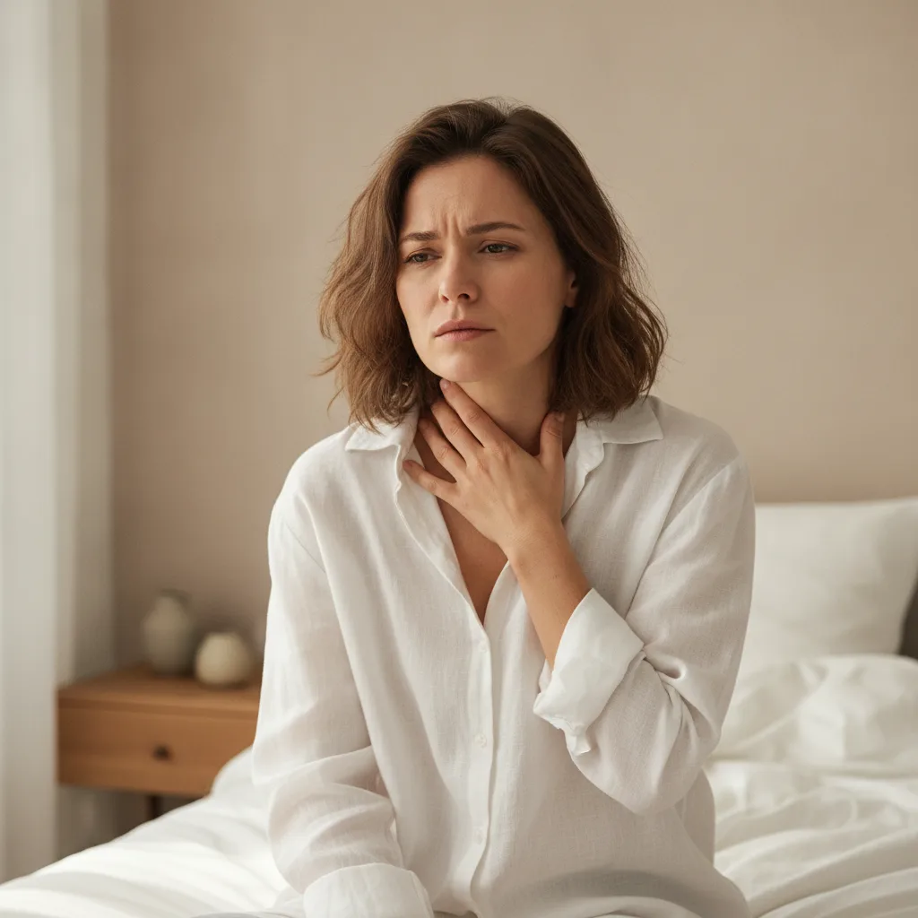 Femme assise au bord du lit le matin, la main posée sur la gorge, l'air gênée.