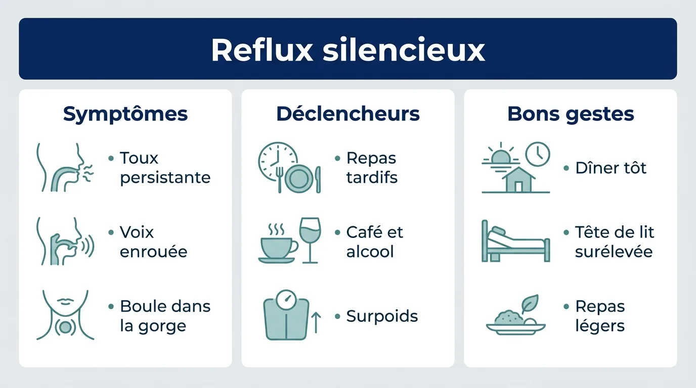 Infographie sur le reflux silencieux montrant les symptômes, les déclencheurs et les bons gestes.