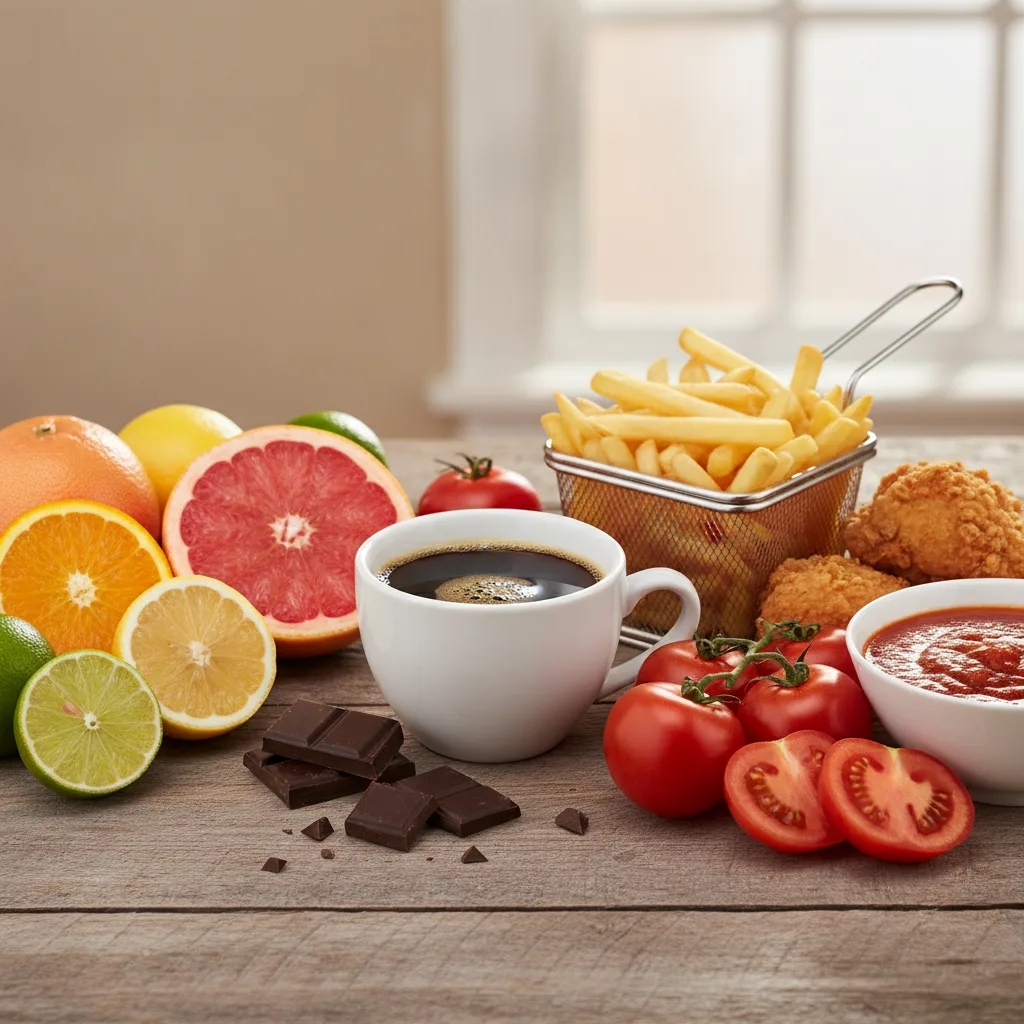 Aliments déclencheurs de reflux comme le café, le chocolat, les agrumes et les plats frits sur une table