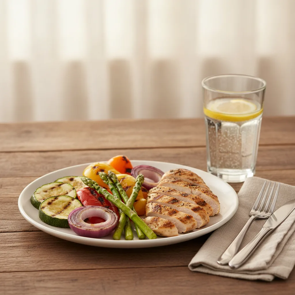 Repas du soir léger servi tôt sur une table, adapté en cas de reflux.