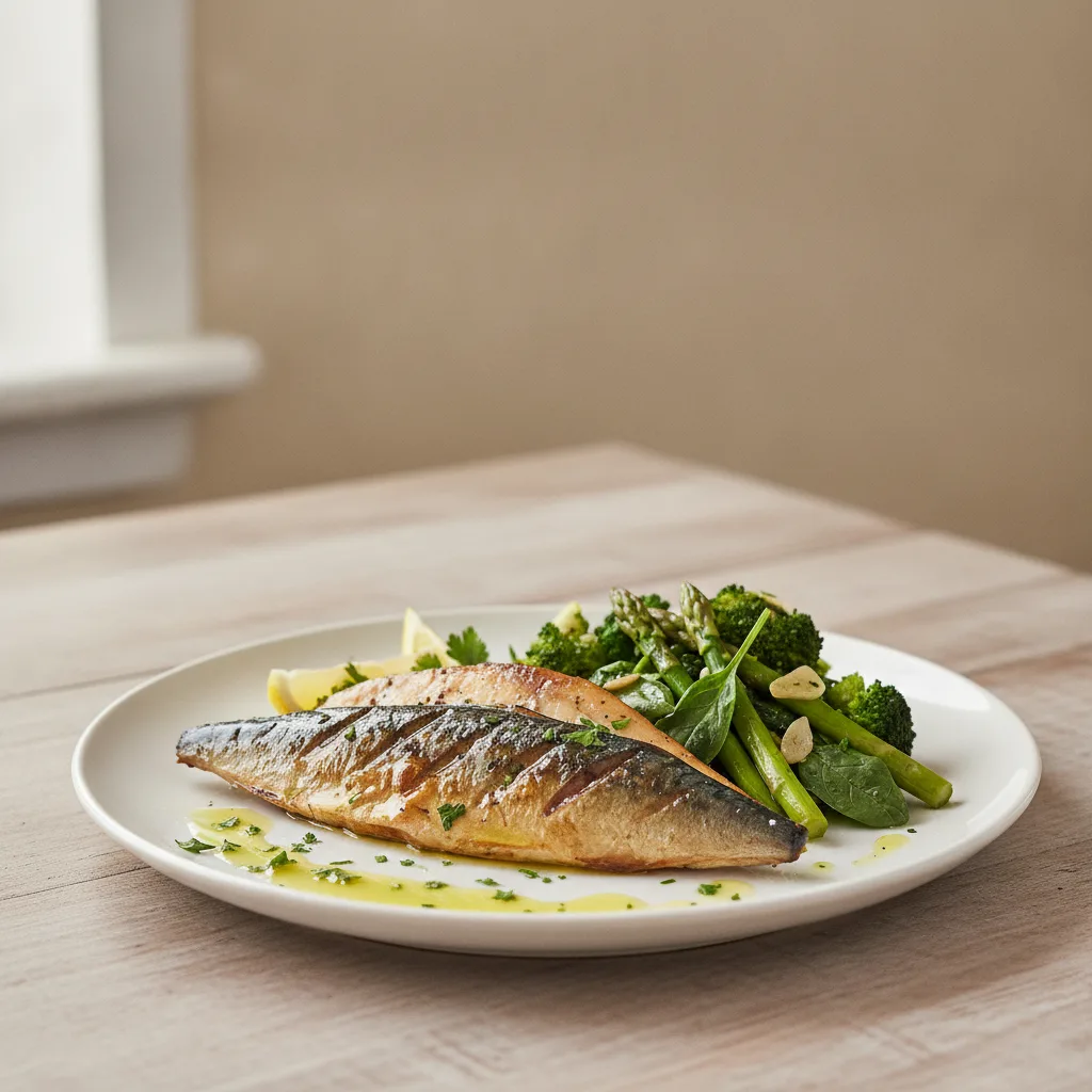 Assiette de style méditerranéen avec du poisson grillé, des légumes verts et de l'huile d'olive
