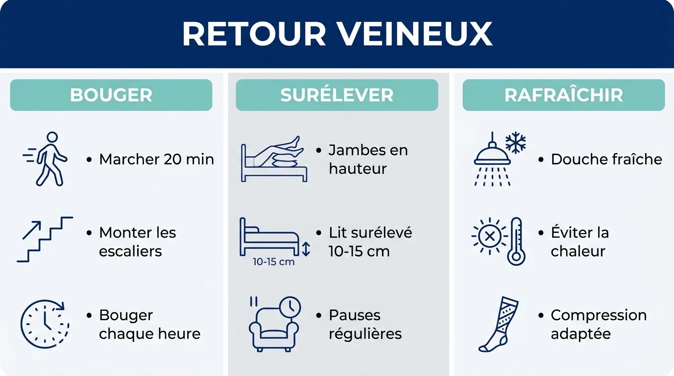 Infographie présentant trois habitudes pour relancer le retour veineux des jambes.
