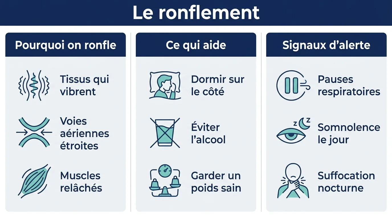 Infographie résumant les causes du ronflement, les gestes qui aident et les signaux d'alerte