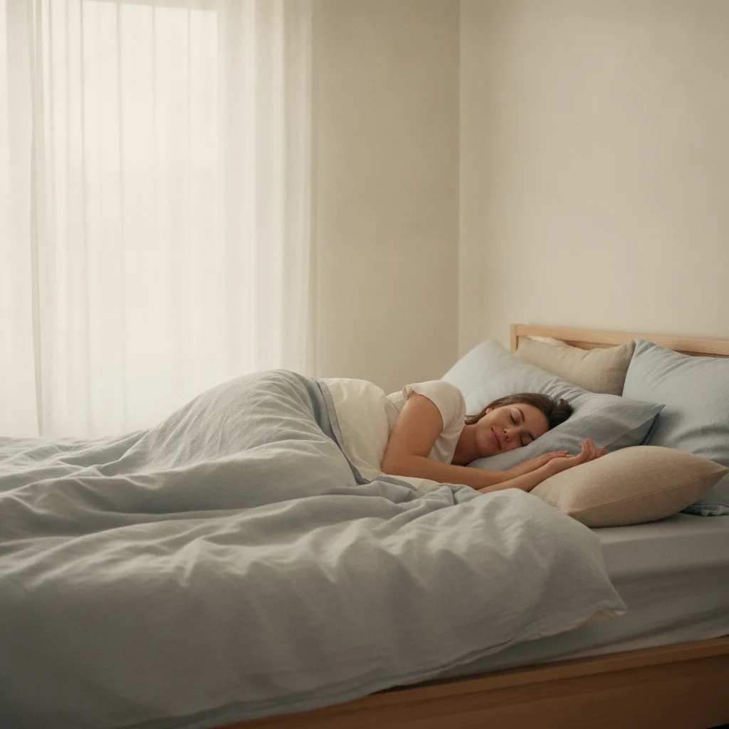 Personne endormie paisiblement sur le côté dans une chambre calme et tamisée