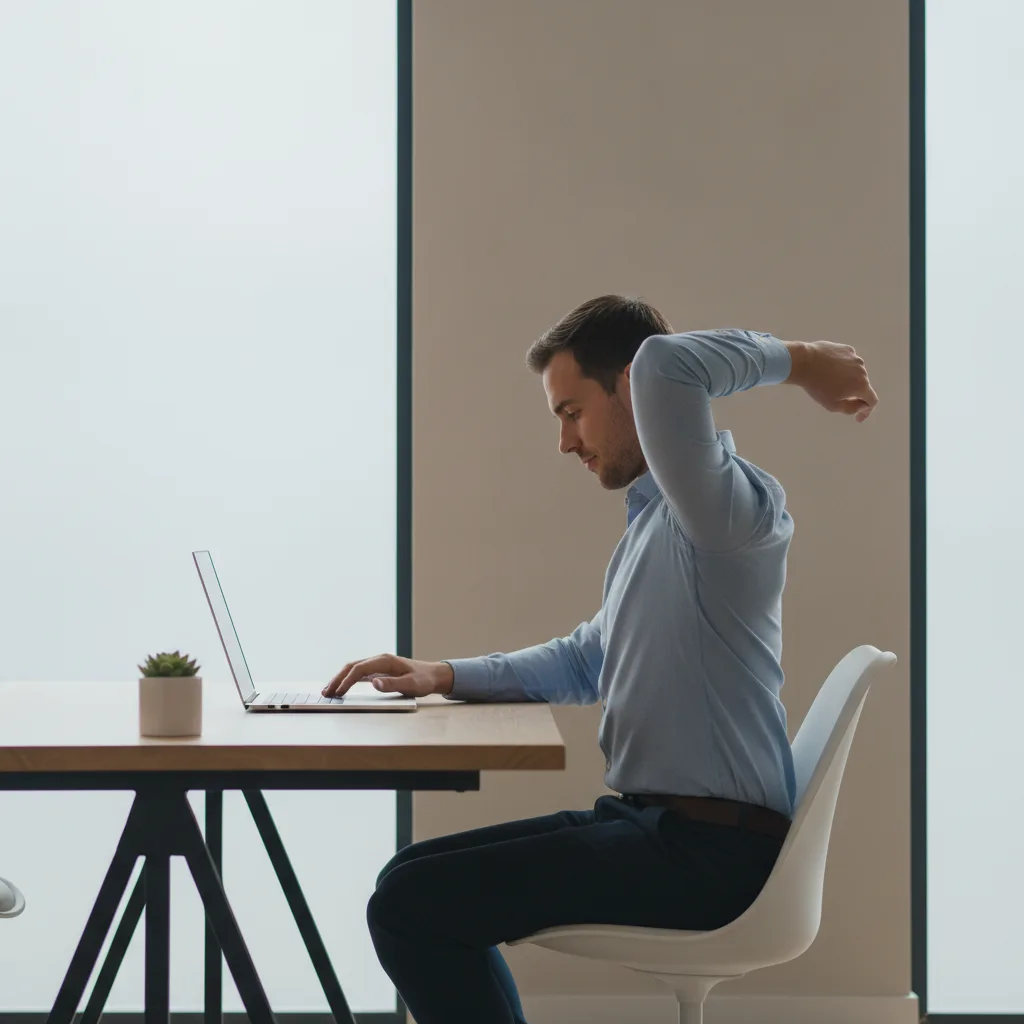 Personne assise à son bureau effectuant des rotations des épaules pour relâcher les tensions.