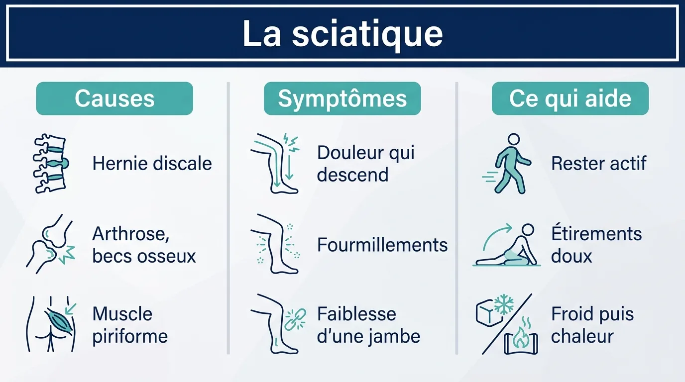 Infographie récapitulant les causes de la sciatique, ses symptômes et les gestes qui soulagent à la maison.