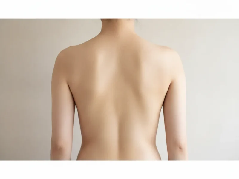 Dos d'un adulte vu de derrière montrant une légère asymétrie des épaules évoquant une scoliose.