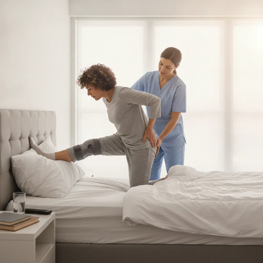 Personne se couchant prudemment dans un lit en gardant la jambe opérée dans l'axe