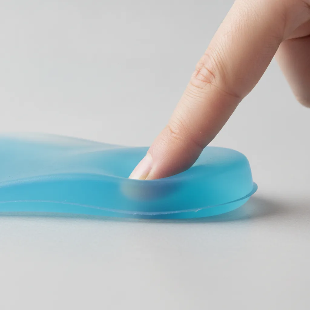 Gros plan d'un doigt pressant une semelle en gel de silicone pour montrer son amorti au talon.