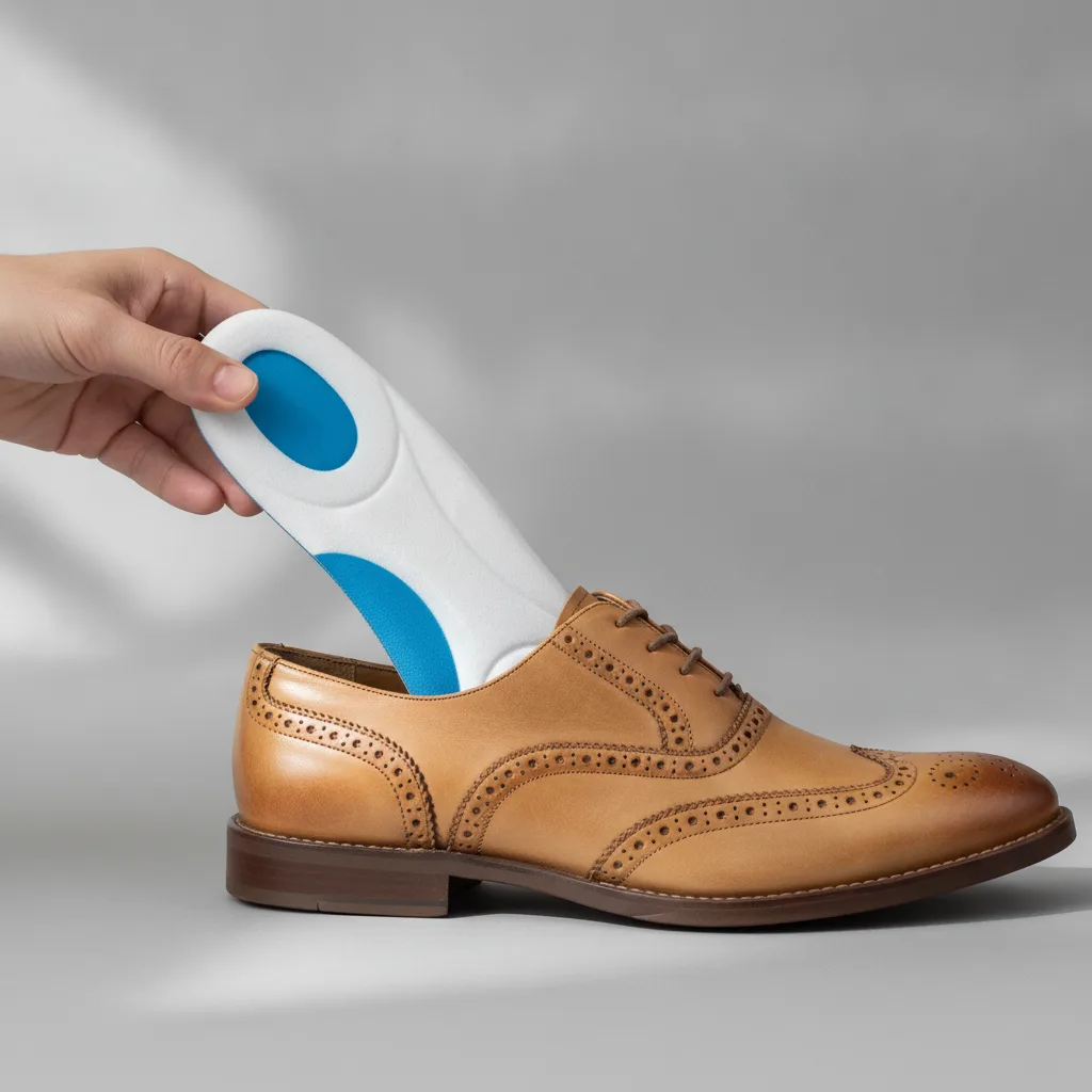 Une main glisse une semelle prête à porter à l'intérieur d'une chaussure de ville.