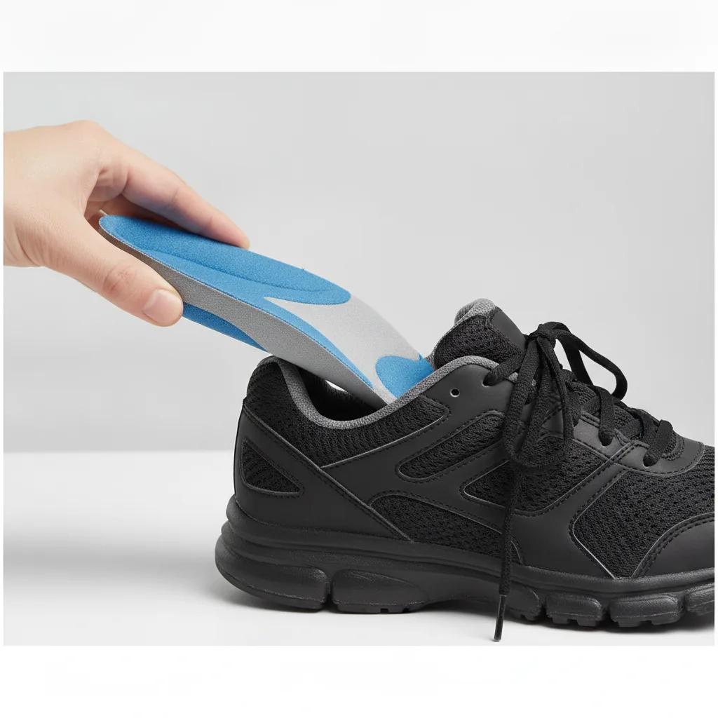 Gros plan d'une semelle de soutien placée dans une chaussure pour soutenir la voûte plantaire.