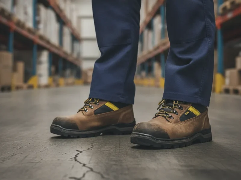 Ouvrier debout sur un sol dur en atelier portant des chaussures de sécurité
