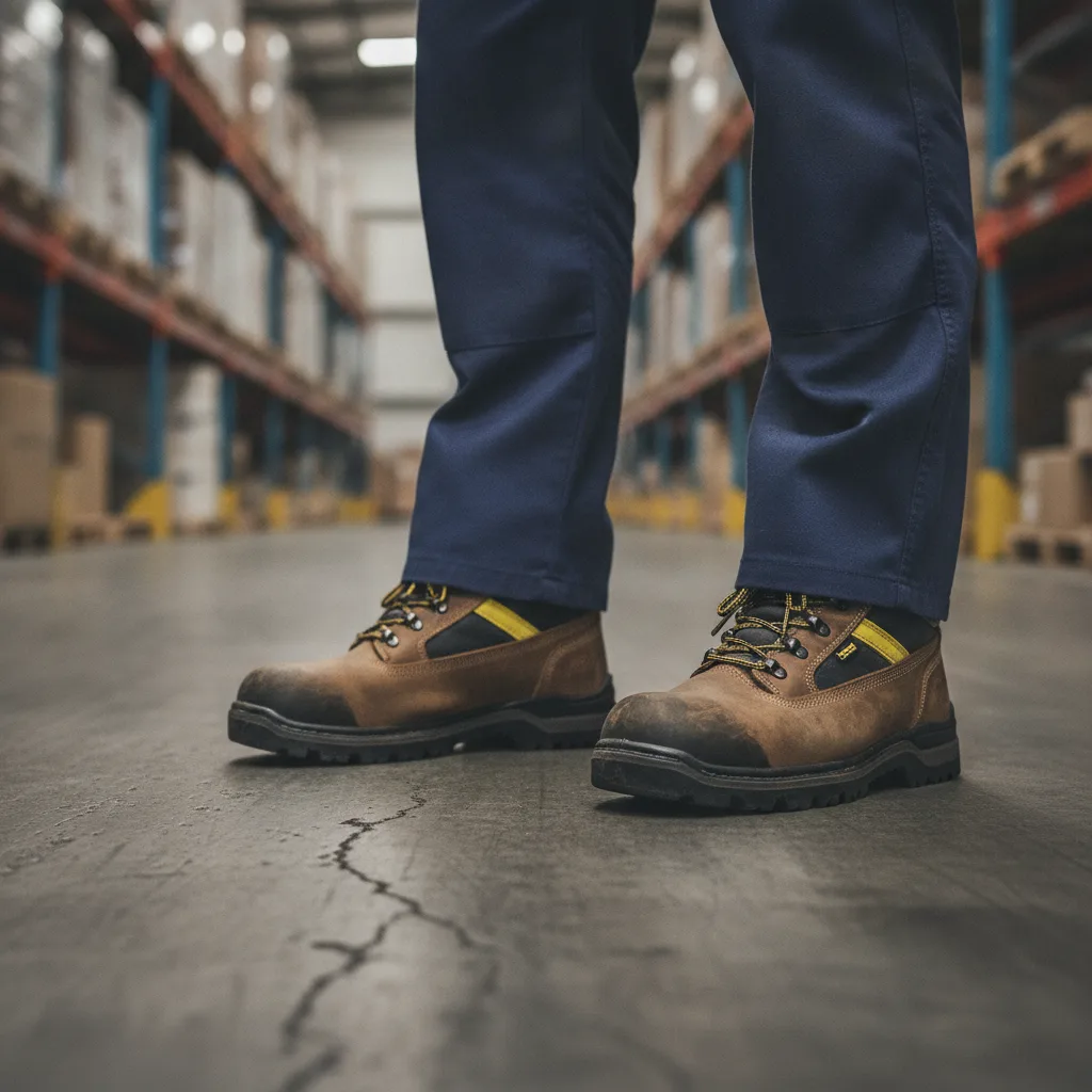 Ouvrier debout sur un sol dur en atelier portant des chaussures de sécurité