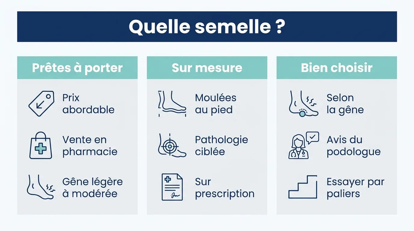 Infographie comparant les semelles prêtes à porter et sur mesure et les repères pour bien choisir.