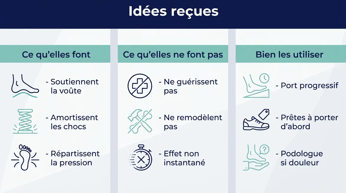 Infographie résumant ce que les semelles orthopédiques font, ne font pas et comment bien les utiliser