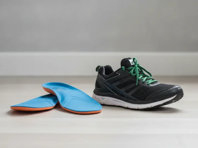Paire de semelles orthopédiques posées à côté d'une chaussure de sport sur un parquet clair