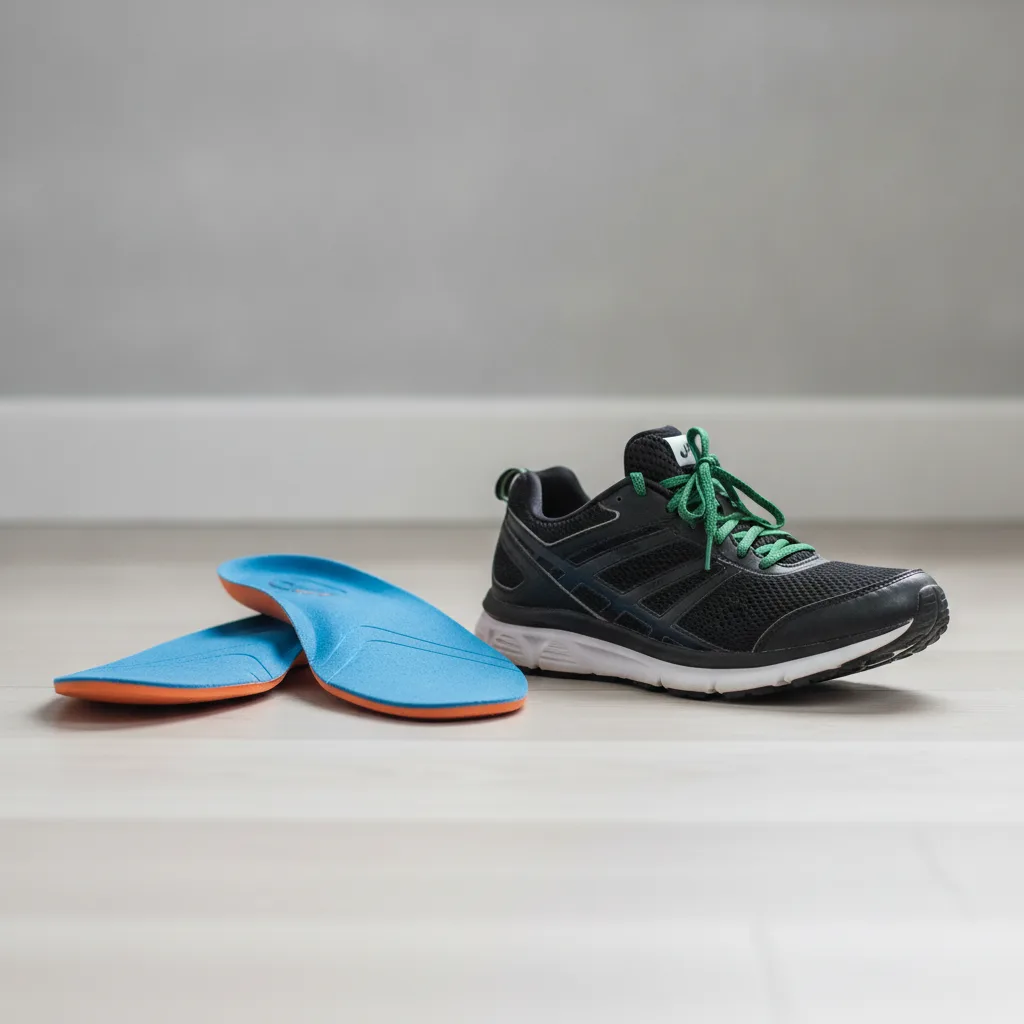 Paire de semelles orthopédiques posées à côté d'une chaussure de sport sur un parquet clair