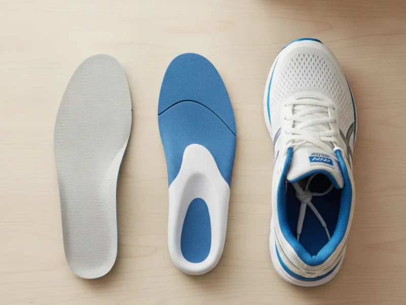 Deux paires de semelles orthopédiques posées à côté d'une chaussure de sport sur un plan de travail en bois clair.