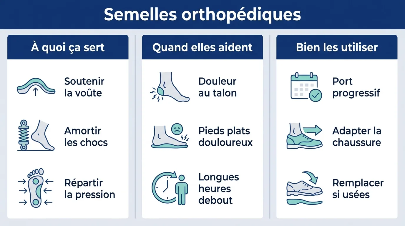 Infographie présentant l'utilité des semelles orthopédiques, les cas où elles aident et comment bien les utiliser