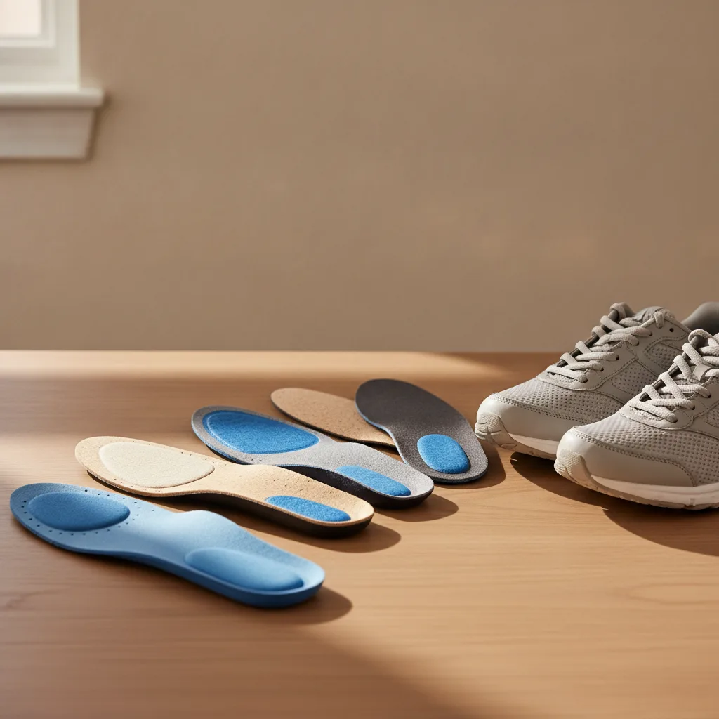 Plusieurs paires de semelles prêtes à porter disposées près de chaussures sur une table