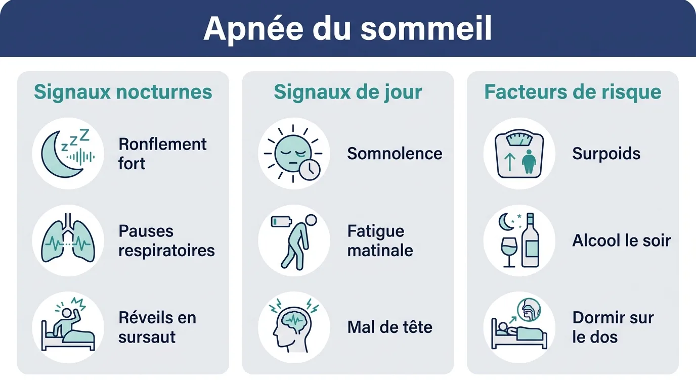 Infographie présentant les signaux nocturnes et diurnes de l'apnée du sommeil ainsi que ses principaux facteurs de risque