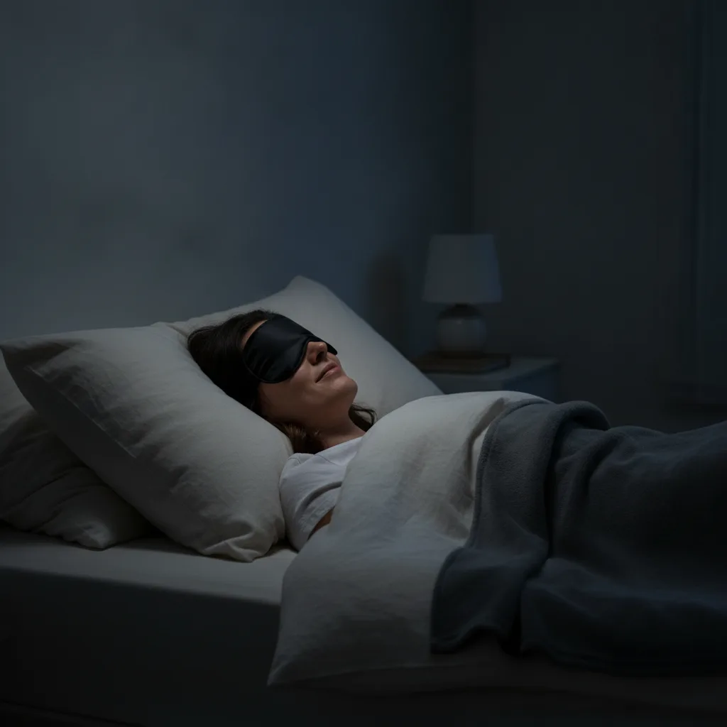 Chambre sombre et paisible la nuit avec une personne portant un masque de sommeil