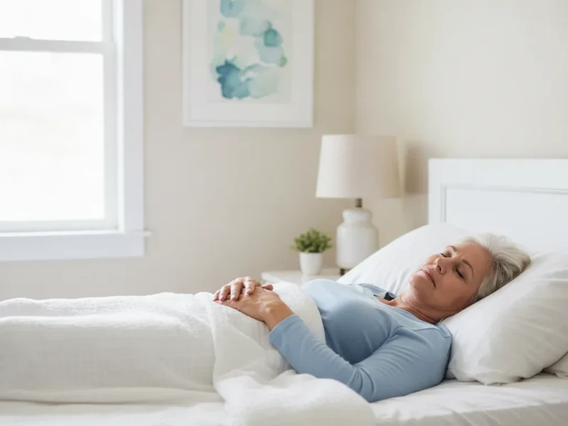Personne âgée dormant paisiblement sur le dos dans un lit après une prothèse de hanche