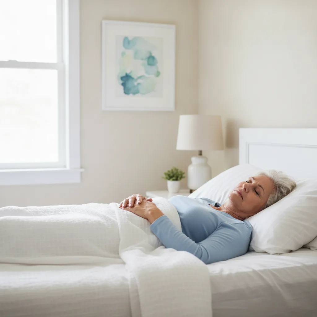 Personne âgée dormant paisiblement sur le dos dans un lit après une prothèse de hanche