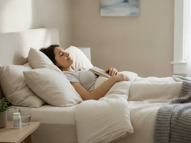Personne convalescente dormant paisiblement dans un lit baigné de lumière douce après une opération.