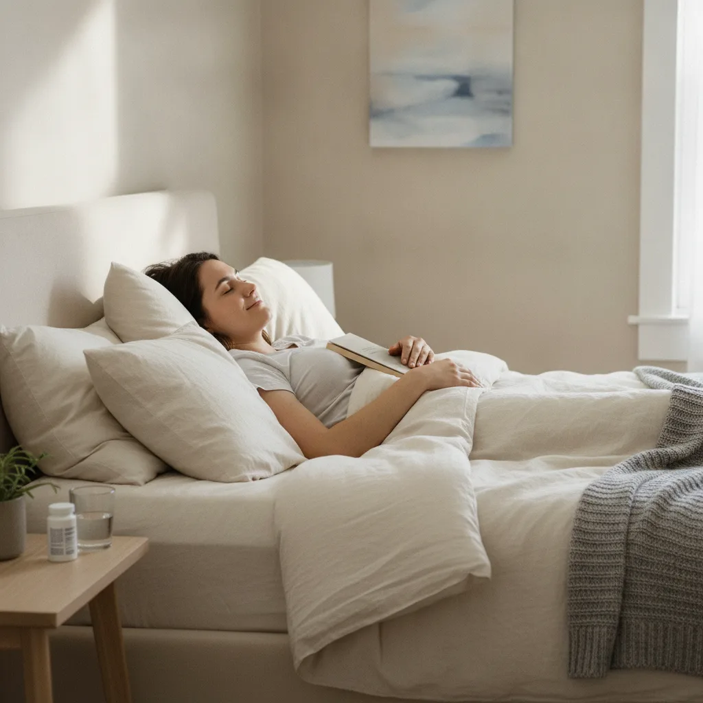 Personne convalescente dormant paisiblement dans un lit baigné de lumière douce après une opération.
