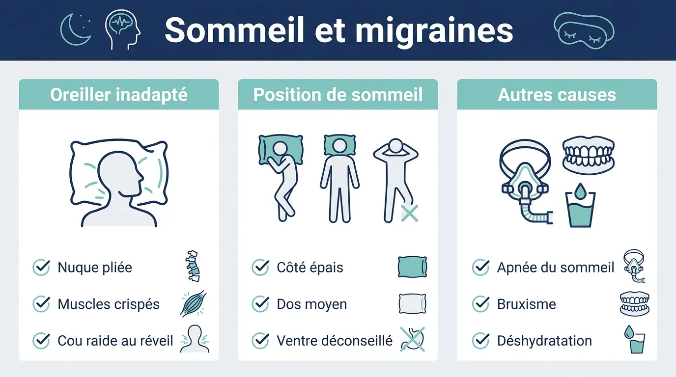 Infographie sur les liens entre sommeil, oreiller et mal de tête au réveil