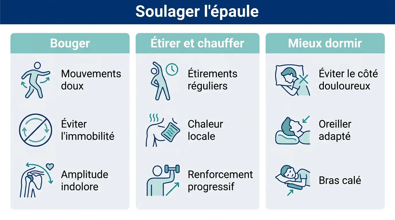 Infographie présentant trois axes pour soulager la douleur à l'épaule : bouger en douceur, étirer et appliquer de la chaleur, et mieux dormir.