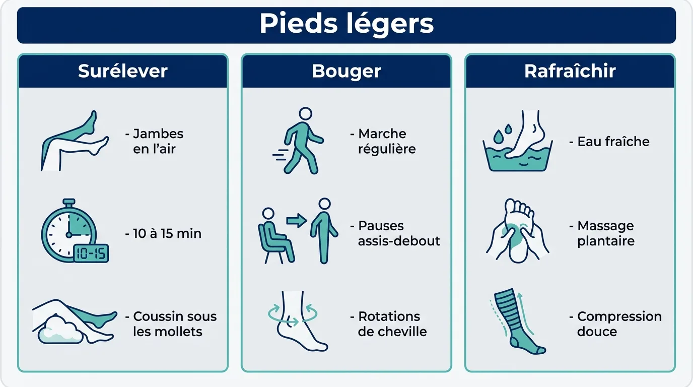 Infographie en trois étapes pour soulager les pieds fatigués le soir : surélever, bouger et rafraîchir