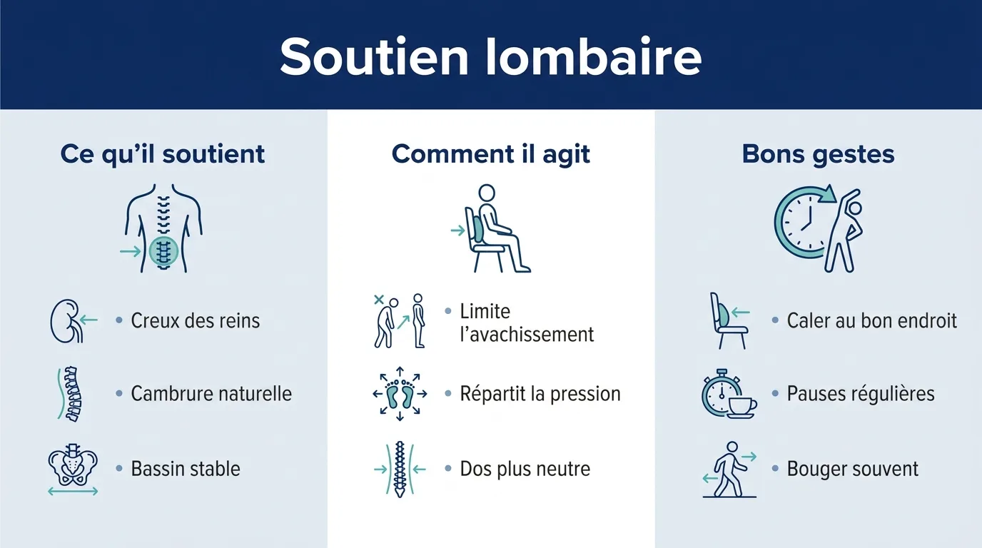 Infographie expliquant ce que soutient un coussin lombaire, comment il agit et les bons gestes à adopter